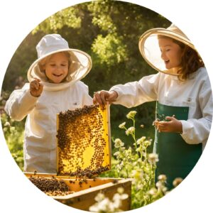 Dwie osoby w pasiecie Fujarskich przy ulu. Jest to atrakcja w trakcie rejsu statkiem w Czaplinku na jeziorze Drawsko w trakcie rejsu ekologicznego.